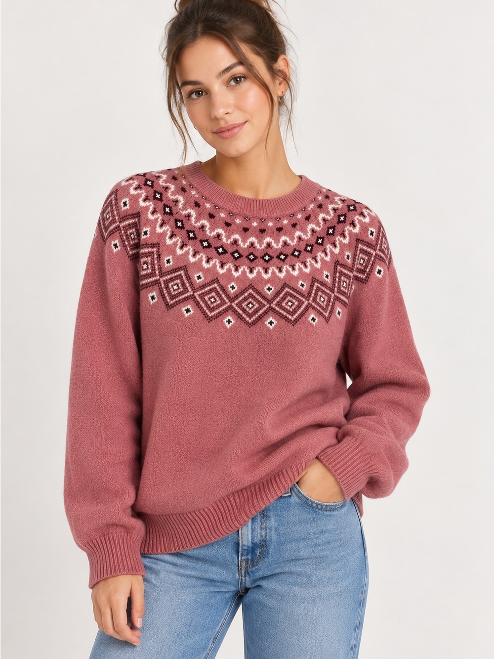 Sunice Storm Pack Fair Isle Nordic Sweater Pink Wool Blend Women’s L